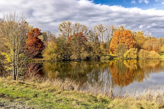 Kiessee im Herbst, umringt von Bäumen mit bunten Blättern